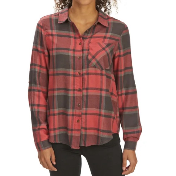 PINK ROSE Brushed Windowpane Plaid Long-Sleeve Flannel Shirt Sz M - Picture 2 of 8